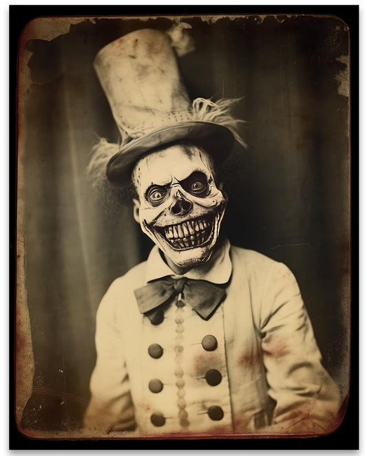 Vintage Zombie Clown in a Top Hat with Creepy Wide Grin Picture Portrait Poster Unframed 11x14 Print - Is It Real Gothic, Weird, Bizarre, Strange, Oddities, Unusual, Freaky, Creepy, Spooky, Scary,