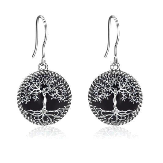ONEFINITY Black Onyx Tree of Life Earrings Sterling Silver Tree of Life Dangle Drop Earrings Black Onyx Tree Jewelry for Women