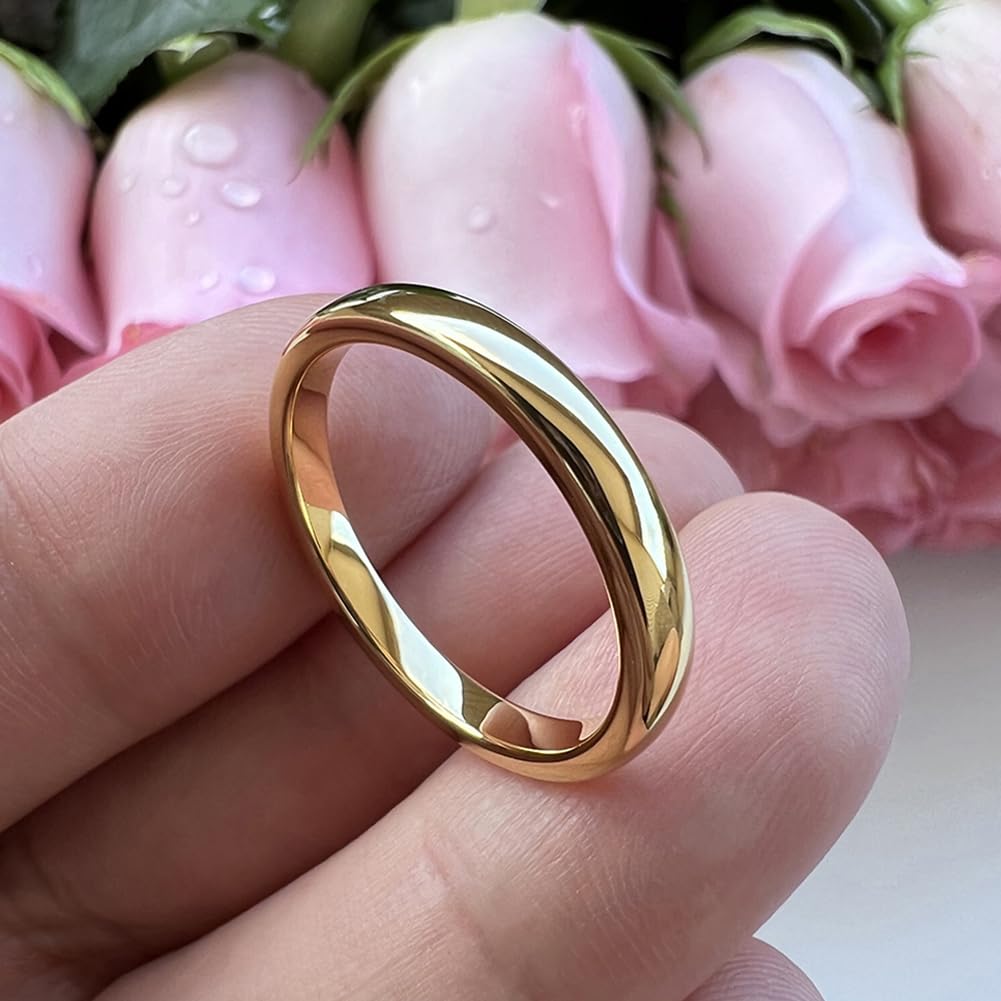 TUTISS 3mm Gold Tungsten Rings for Women Men Engagement Wedding Bands Domed Polished Comfort Fit Size 9