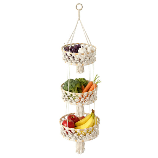 MuuXii 3 Tier Hanging Fruit Basket, Macrame Hanging Basket for Fruit and Vegetable Storage, Cotton Rope Woven Baskets, Boho Wall Baskets Organizing Hanging Plant Holder for Indoor Kitchen Decor