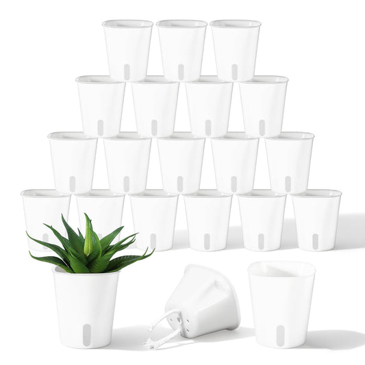 Meyeyaia 20 Pcs 3 Inch Self Watering Pots for Indoor Plants, White Plastic Self Watering Planters with Wicking Rope Visual Water Level & Vent Holes for Succulents, Flowers Indoor Outdoor