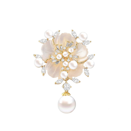 EMEGCY Gold Pearl Flower Brooch for Women Pearl Pin Flower Lapel Pin 18K Gold Plated Rhinestone Jewelry Gift for Mom Wife Sister Bride Wedding Brooches
