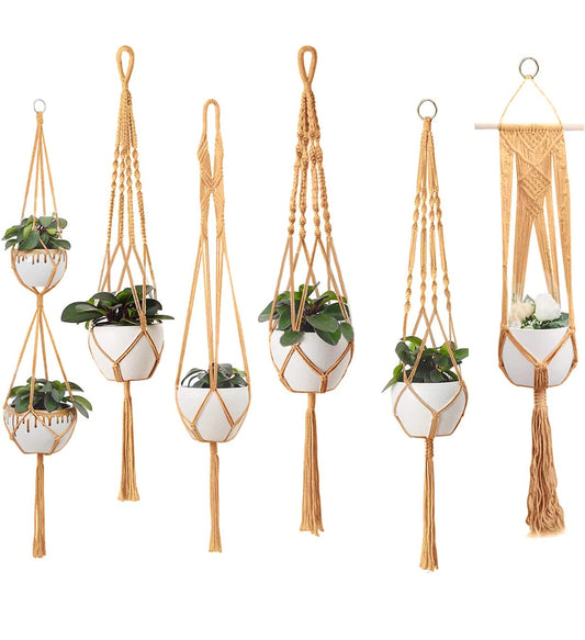 feedee Macrame Plant Hangers - 6 Pack, Brown, Indoor/Outdoor, 11.9 lbs Capacity, Ready to Hang