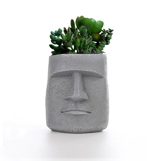Lifexquisiter Easter Island Moai Head Succulent Planter Pot, Human Face Flower Pot for Desktop Home Decor, Cool Moai Figurines Pen and Brush Holder, Grey