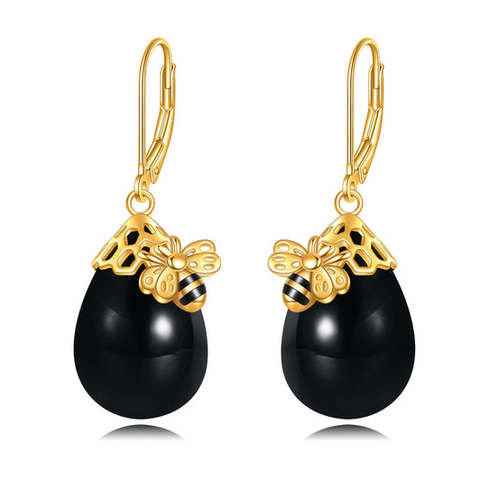 TIGERRIDER Bee 925 Sterling Silver French Clasp Earrings Obsidian Pendant Jewelry Gift for Women