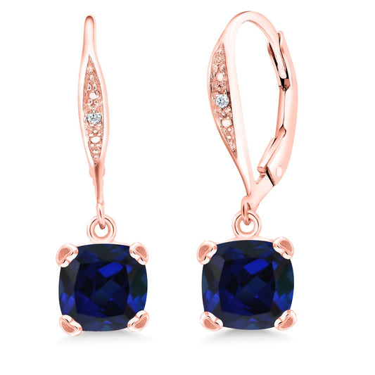 Gem Stone King Drop Dangle Earrings For Women | 7MM Cushion Cut Gemstone Birthstone and Diamond | 925 Sterling Silver | Jewelry Gift for Mom Wife Her | Created Sapphire-September | Rose Gold