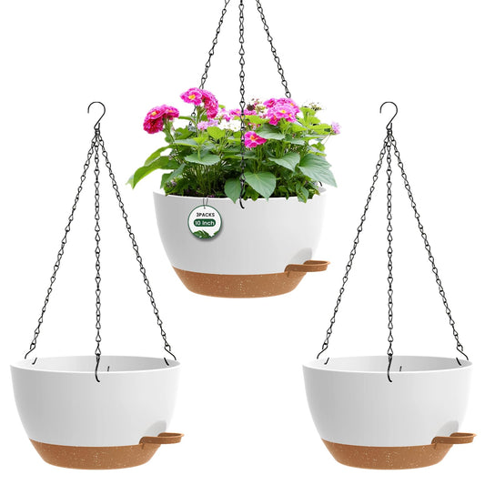 3 Pack 10 Hanging Flower Pots with Chains Self Watering Plastic Planters for Indoor Outdoor Plants, Sturdy Triangular Iron Chain Design for Garden PorchPlastic hanging flower pots (3, White-brown)