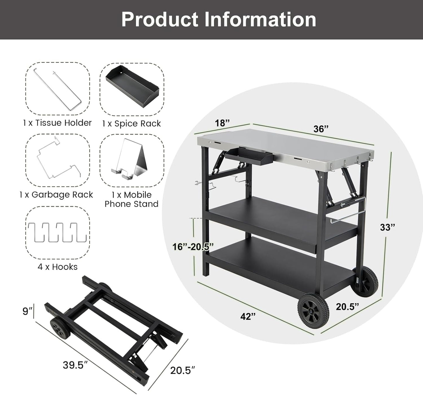 ERGOMASTER Grill Table Cart, Outdoor Kitchen Island with 4-Position Adjustable Shelf, Stainless Steel Serving Cart for Patio Garden