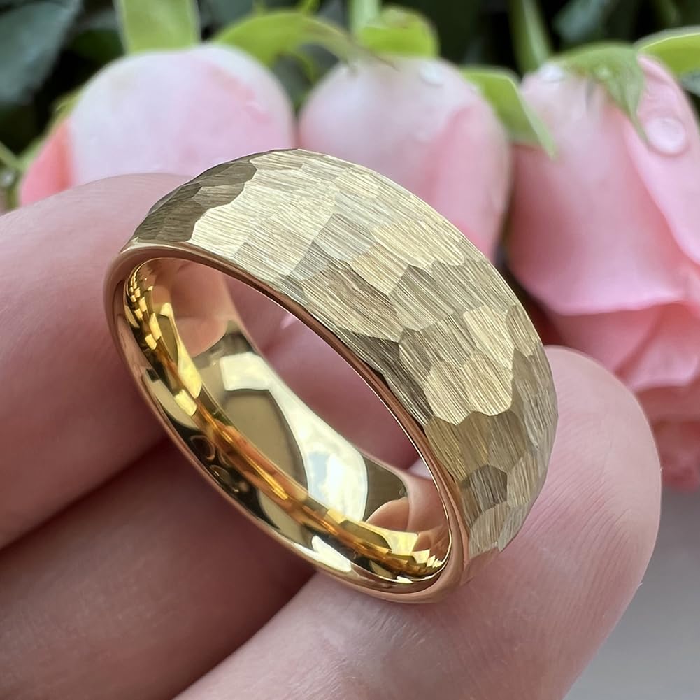 TUTISS 8mm Gold Hammered Tungsten Rings for Men Women Engagement Wedding Bands Domed I Love You Engraved Comfort Fit Size 10