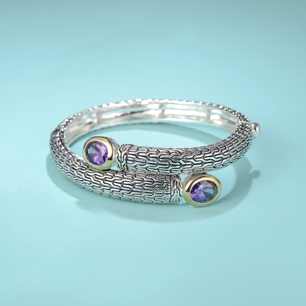 UNY JEWEL Jewelry Multi Strand Foxtail Chain Woven Pattern Inlay 8 by 10 Oval CZ Vintage Antique Two Tone Elegant Designer Inspired Unique Box Tongue Clasp Bangle (Clear)