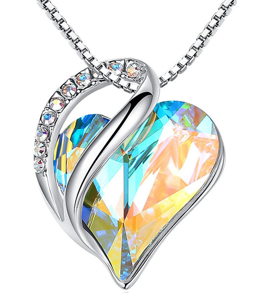 Leafael Gift Necklaces for Women, Infinity Love Bithstone Heart Pendant with Opal White Crystal for April, Birthday Jewelry for Her, Mom, and Wife, Silver Plated, 18" + 2" Chain