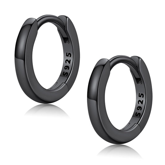 FaithHeart 925 Sterling Silver Huggie Hoop Earrings, Small Silver Hoop Earring for Women, Black Hypoallergenic Cartilage Earrings for Women 8mm
