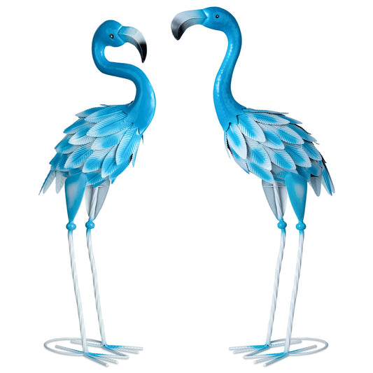 SUNREEK Metal Flamingo Statues, 2Pcs Blue Flamingo Yard Art Sculptures for Garden Home Patio Lawn Backyard Decorations