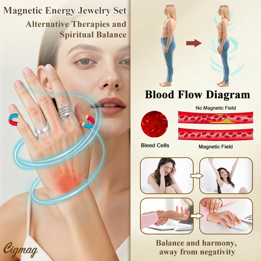 Cigmag 9X Copper Rings for Women, with Powerful Magnets, Adjustable Solid Pure Copper (Silver Matte & Heart)