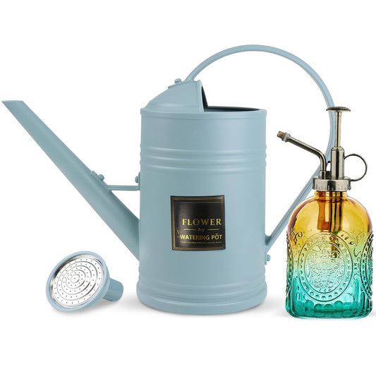 0.5 Gallon Small Watering Can for Outdoor Indoor Plants for House Plants, 12 oz Glass Plant Mister Spray Bottle for Bonsai Garden Flowers (Blue)