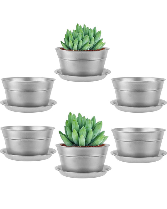 vensovo 6 Inch Silver Shallow Small Metal Plant Pots with Saucer-6 Pack Medium Metal Galvanized Flower Pot with Drainage Hole,Planter Pots with Tray Perfect for Planting and Wedding Party Decor