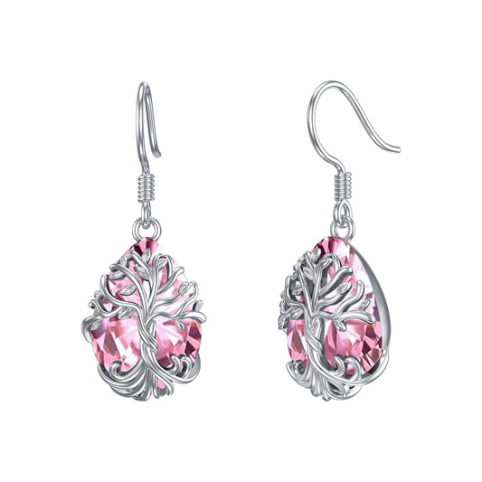 TOUPOP Pink Tourmaline Tree of Life Earrings Sterling Silver Teardrop October Birthstone Earrings Family Tree Pink Tourmaline Jewelry Birthday Mothers Day Gifts for Women Mom Her