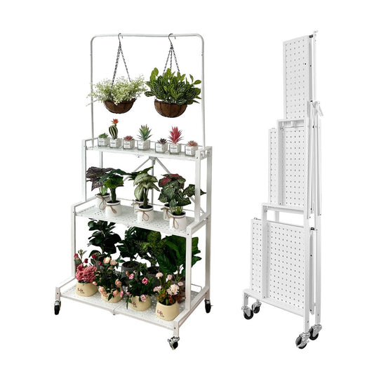 lumizone Foldable 4-Tier Plant Stand Indoor Outdoor Hanging Plant Shelf No Assembly Required Pot Placement Area With Wheels Sturdy Fall Prevention Storage Shelf Flower Pot Stand(4 Tier-White)