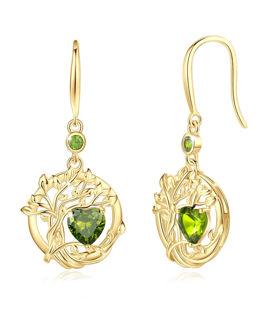 FANCIME Tree of Life Earrings 925 Sterling Silver Yellow Gold Plated Peridot Dangle Drop Green Gemstone Earring August Birthstone Fine Jewelry Birthday Mothers Day Gifts for Women Her
