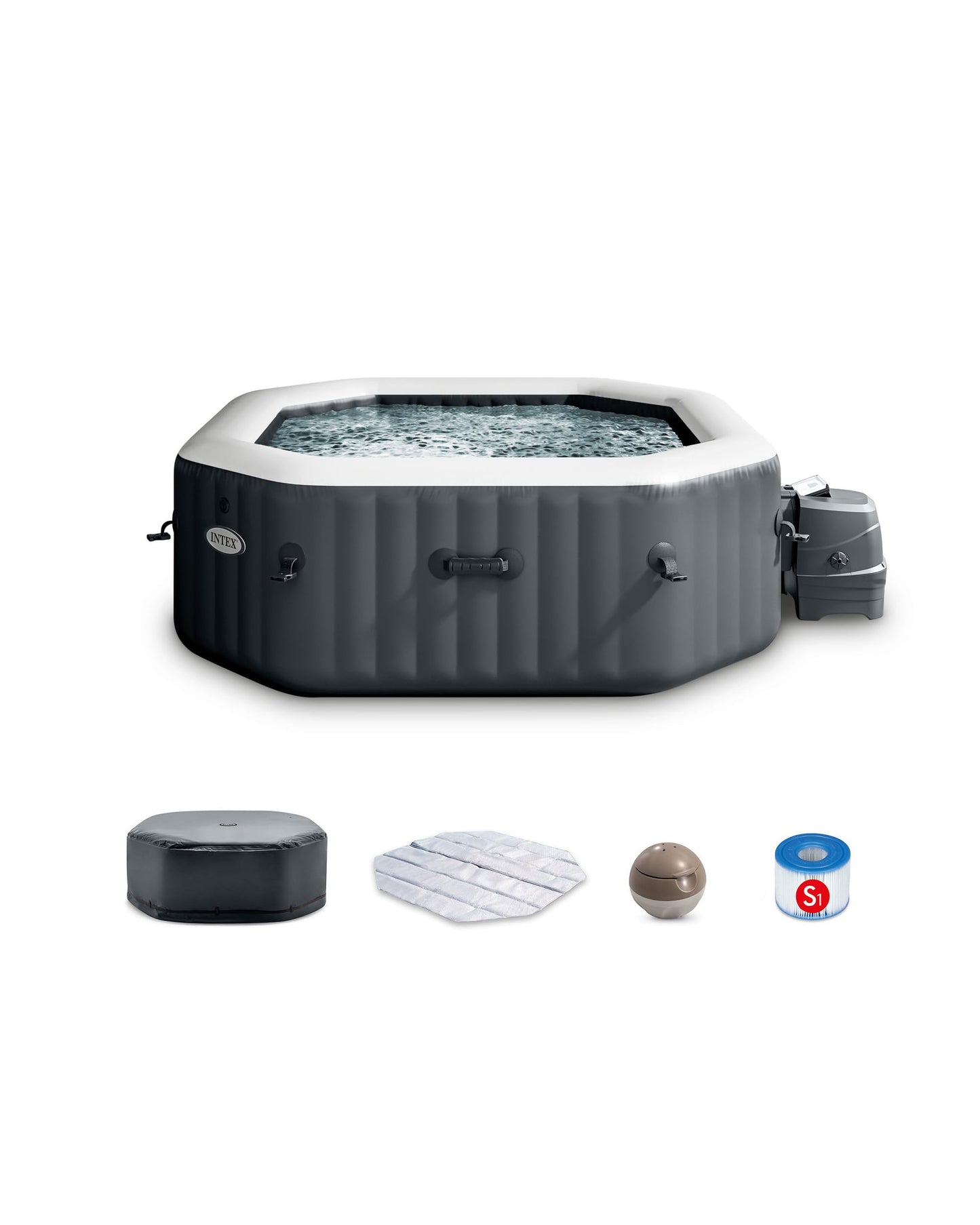 INTEX 28433EP PureSpa Bubble Deluxe Spa Set: Includes Energy Efficient Spa Cover – 120 Bubble Jets – Octagonal Design – 4 Person Capacity – 71" x 71" x 28"