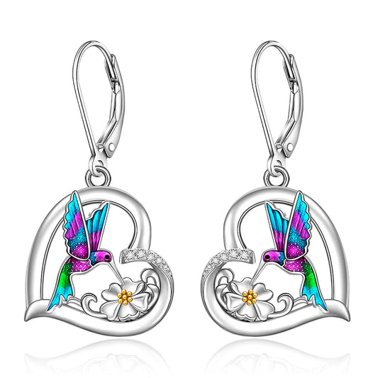 Hummingbird Earrings for Women Sterling Silver Purple Hummingbird Dangle Heart Flower Cute Bird Jewelry Filigree Memorial Mothers Day Healing Gifts