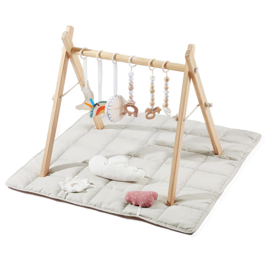 Baby Gym with Mat, Wooden Play Gym with 6 Sensory Toys, Foldable Baby Play GymFrame Activity Center, Natural Pine Wood, Montessori Toys, Easy to Assemble & Clean, Natural Color
