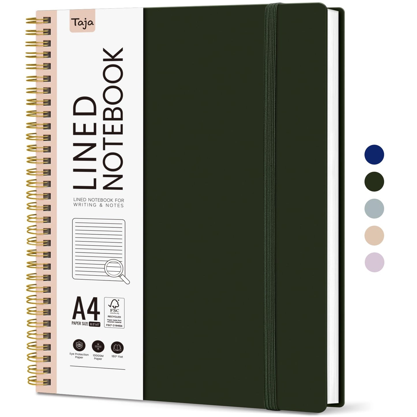 Taja Spiral Lined Notebook, 8.5"x11" Notebooks for Work, Large A4 Journal for Women & Men, College Ruled Journaling Notebook for Writing, Plastic Cover Spiral Journal, Olive
