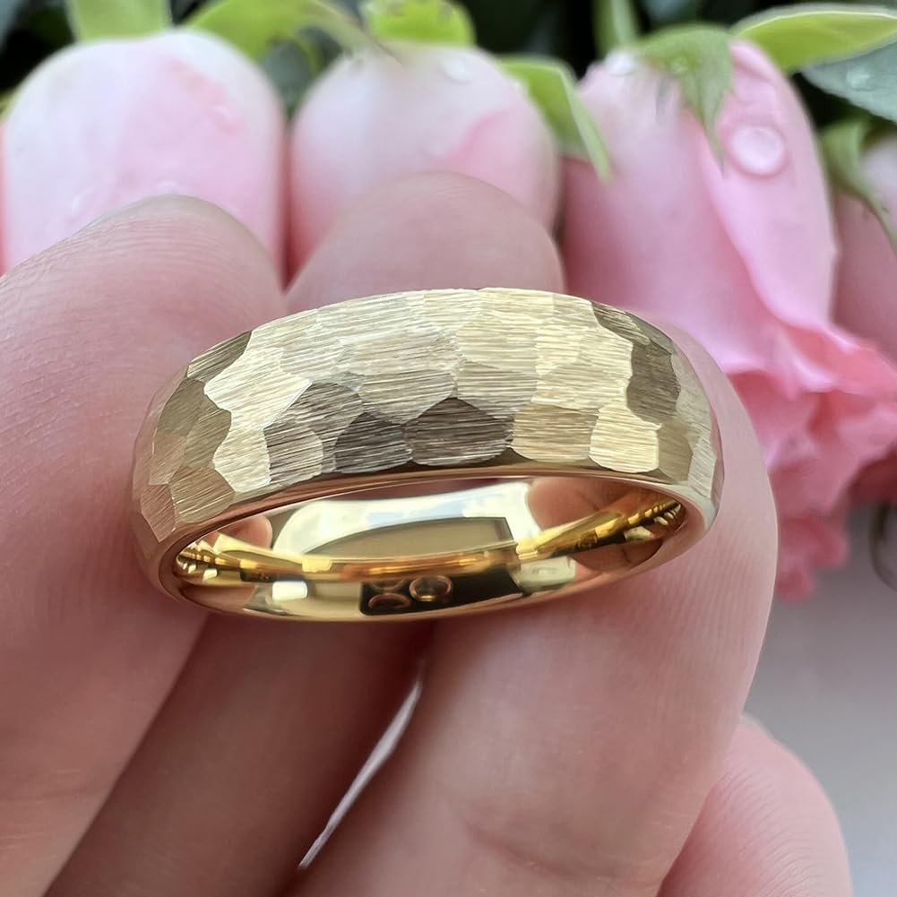 TUTISS 6mm Gold Hammered Tungsten Rings for Men Women Engagement Wedding Bands Domed Matte Finish Comfort Fit Size 6
