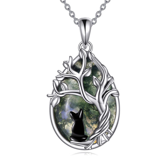 POPLYKE Moss Agate Tree of Life Black Cat Necklace for Women 925 Sterling Silver Family Tree Pendant Jewelry Birthday Gifts