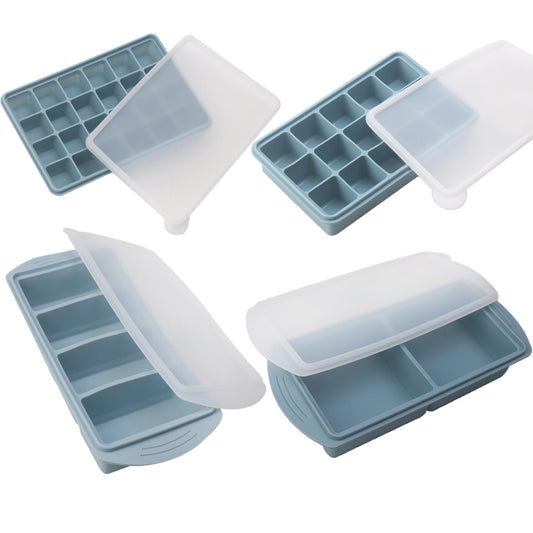 witice Silicone Freezer Molds Gift Set with 1 Tbsp,2 Tbsp, 1, and 2 Cup Silicone Freezer Trays With Lids - Meal Prep and Kitchen Essentials Bundle - (Blue 4 Pack)