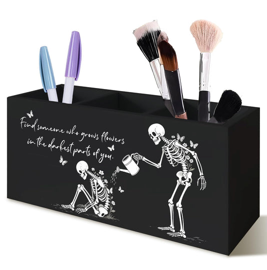 KRHFG Halloween Gothic Skeleton Pen Pencil Holder for Desk, Gothic Gifts for Women, Funny Inspirational Halloween Wood Signs for Home Office Desk Tabletop Decor and Accessories