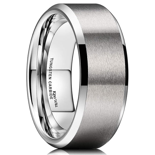 King Will 8mm Men's Silver Wedding Ring - Brushed Matte Surface, Beveled Polished Edge, Comfort Fit Size 12