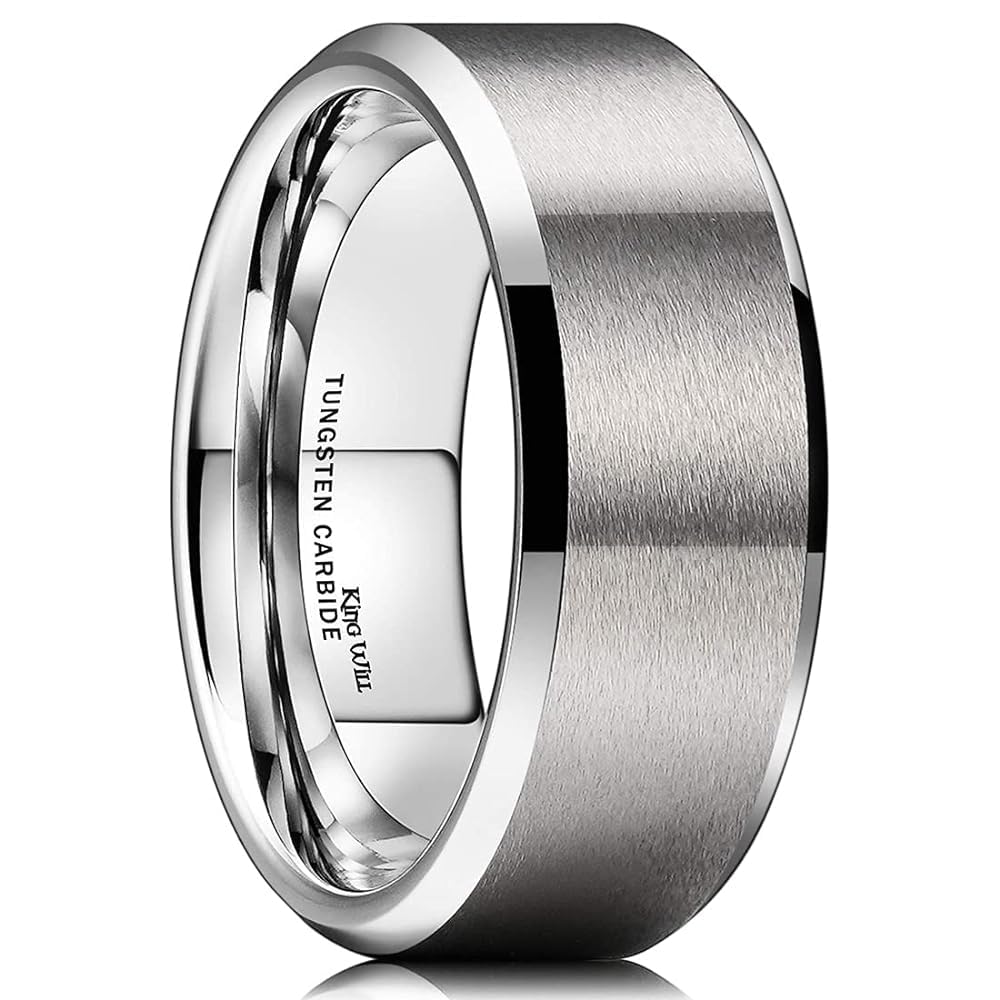 King Will 8mm Men's Silver Wedding Ring - Brushed Matte Surface, Beveled Polished Edge, Comfort Fit Size 8