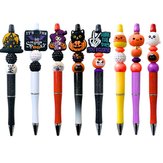 YJ PREMIUMS 8PC Halloween Bead Pens Cool Monsters Creepy Wicked Witch Spooky Scary Stuff Skull Pumpkin Haunted Birthday Decorations Decorative Desk Accessories Set School Office Supplies For Adults