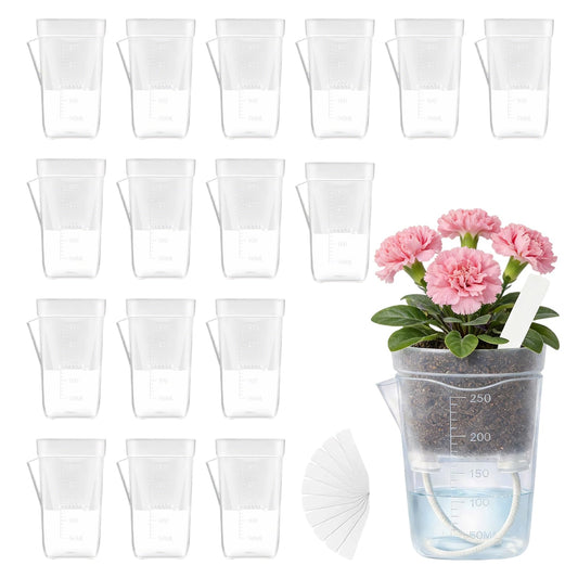 Shgxjjnb 16 Pack 2.5" Clear Self Watering Pots for Indoor Plants, Mini Clear Plastic Planters, with 16 Plant Label and Water Level and Drainage Holes for Seedlings, Cuttings, Succulents (Large)