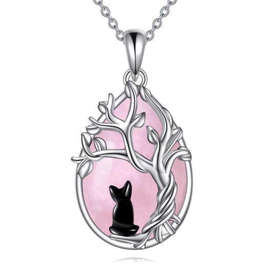 POPLYKE Rose Quartz Tree of Life Black Cat Necklace for Women 925 Sterling Silver Family Tree Pendant Jewelry Birthday Gifts