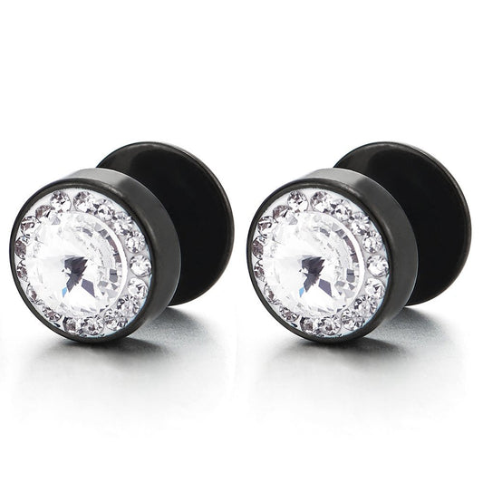 10mm Mens Women Black Circle Stud Earrings with Cubic Zirconia Steel Cheater Fake Plug Gauges Tunnel