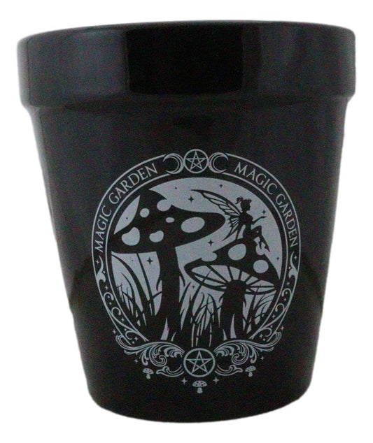 Ebros Gift Wicca Witchcraft Gothic Magic Black Ceramic Planter Pot Floral Container Alchemy Occult Potter Flowerpot Green Thumb Gardening Home Accent (Magic Garden Fairy Mushrooms Triple Moon)