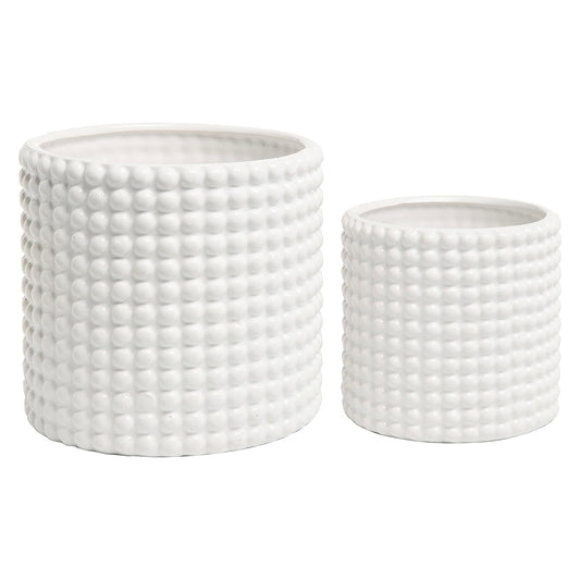 MyGift 6 Inch Ceramic Round Planter Pot, Set of 2 Vintage-Style White Ceramic Flower Pots, Indoor Hobnail Textured Cylindrical Succulent Plant Containers