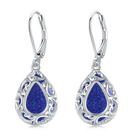 KoyeKei Lapis Lazuli Filigree Leverback Earrings for Women 925 Sterling Silver Lapis Lazuli Teardrop Dangle Drop Earrings Filigree Jewelry Graduation Birthday Gifts for Girlfriend Best Friend Her