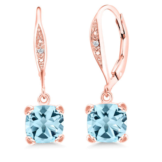 Gem Stone King Drop Dangle Earrings For Women | 7MM Cushion Cut Gemstone Birthstone and Diamond | 925 Sterling Silver | Jewelry Gift for Mom Wife Her | Sky Blue Topaz-November | Rose Gold