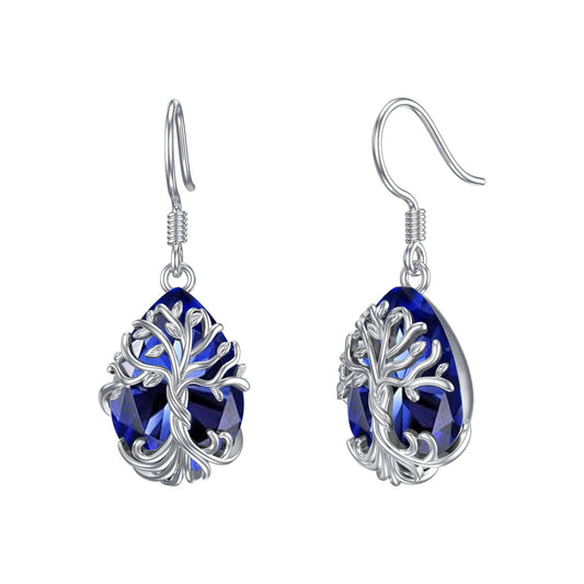 TOUPOP Sapphire Tree of Life Earrings Sterling Silver Teardrop September Birthstone Earrings Family Tree Sapphire Jewelry Birthday Mothers Day Gifts for Women Mom Her