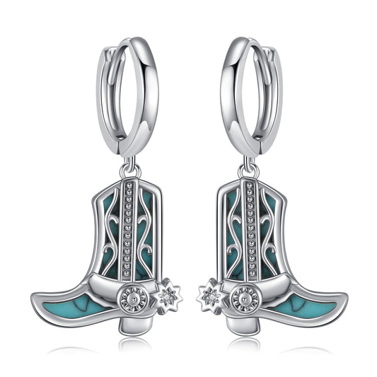 KoyeKei Cowgirl Boot Hoop Earrings Country 925 Sterling Silver Turquoise Western Cowboy Texas Boot Dangle Drop Earrings Country Jewelry Gifts for Mom Women