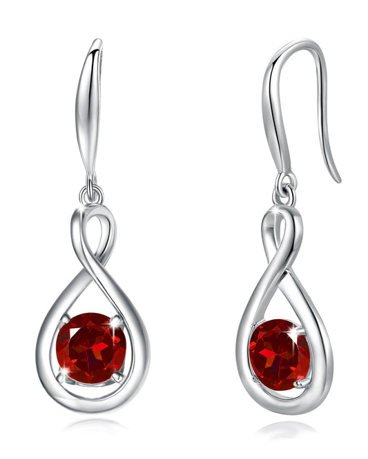 FANCIME Garnet Dangle Drop Earrings 925 Sterling Silver Dainty Infinity Red Gemstone Earring January Birthstone Fine Jewelry Birthday Mothers Day Gifts for Wife Her Women