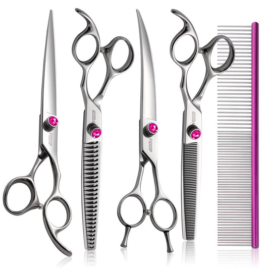 FOGOSP Dog Grooming Scissors Kit 7 in Professional Curved Thinning Straight Chunkers Shears and Comb 5pcs Set for Grooming Dogs Cat Pet Japanese 440C Stainless Steel(7.0'',Kit)