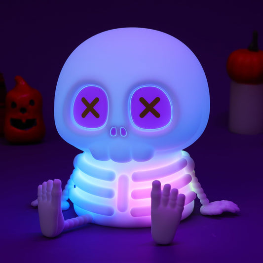 Okayera Skull Night Light, Cute Silicone LED Skeleton Lamp, Color Changing & Dimmable Helloween Room Decor, Squishy Cordless Rechargeable Nightlight, Bedside Light for Christmas Halloween Gifts