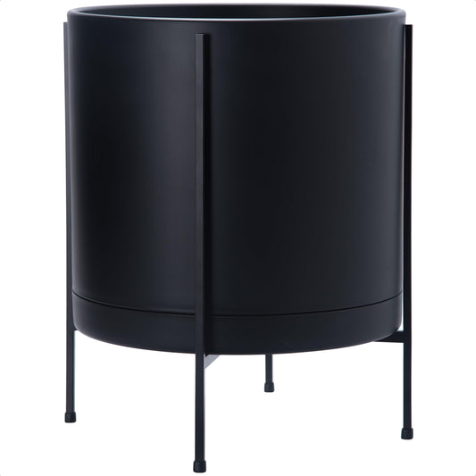D'vine Dev 16 Inch Black Planter Pot with Stand – Modern Plastic Cylinder Flower Pot with Heavy-Duty Metal Stand for Indoor Plants, 55-D-B-5