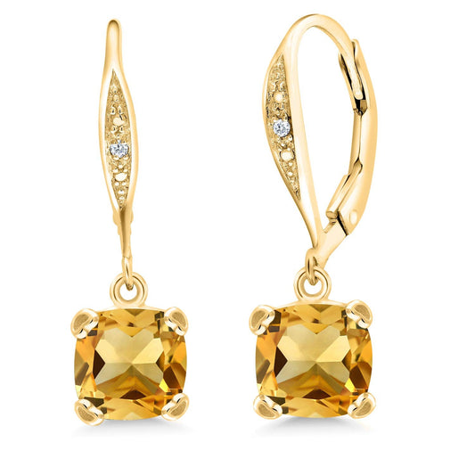 Gem Stone King Drop Dangle Earrings For Women | 7MM Cushion Cut Gemstone Birthstone and Diamond | 925 Sterling Silver | Jewelry Gift for Mom Wife Her | Citrine-November | Yellow Gold