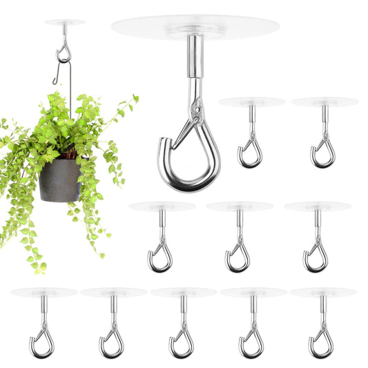 Sankoly 12 Pcs Self Adhesive Ceiling Hooks No Drilling Ceiling Hooks Stainless Steel Eye Hooks for Hanging Small Plants Wind Chimes, Secure/Enclosed Design, Easy to Open