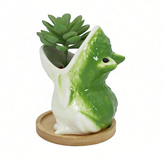 Gemseek Cute Frog Succulent Planter Pot with Drainage Tray, Small Ceramic Cactus Flower Container, Funny Animal Shaped Indoor Air Plants Holder